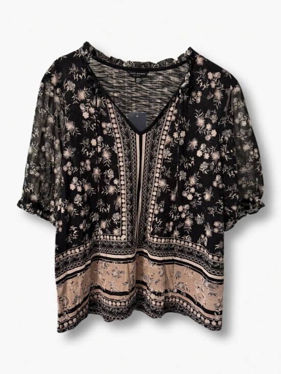 Lucky Brand Tops - NWT Lucky Brand Black Floral Short Sleeve Peasant Boho Blouse Top Size M